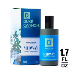Duke Cannon Proper Cologne Midway glass apothecary bottle close-up for timeless display.