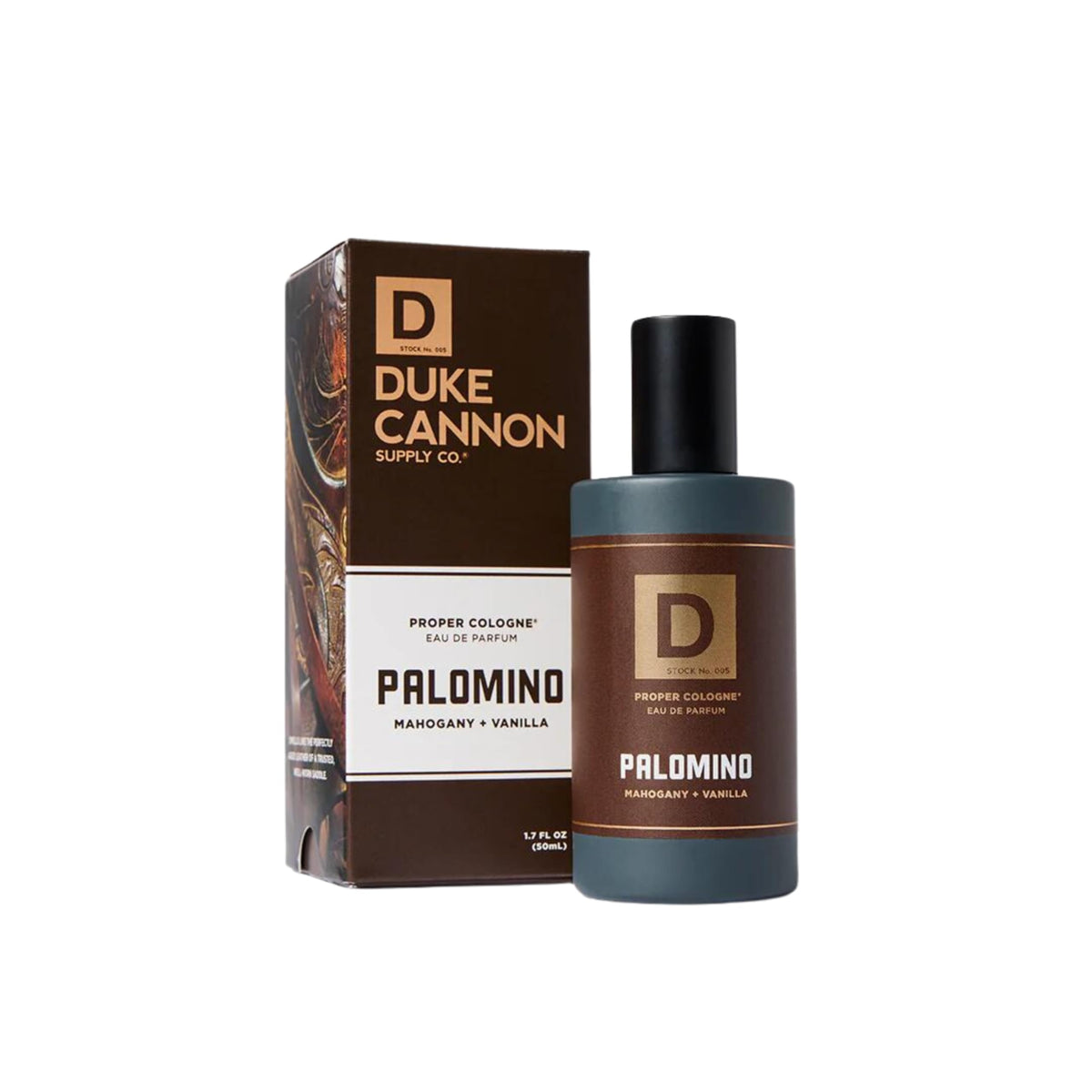 Duke Cannon Palomino bottle with mahogany vanilla aroma for everyday wear
