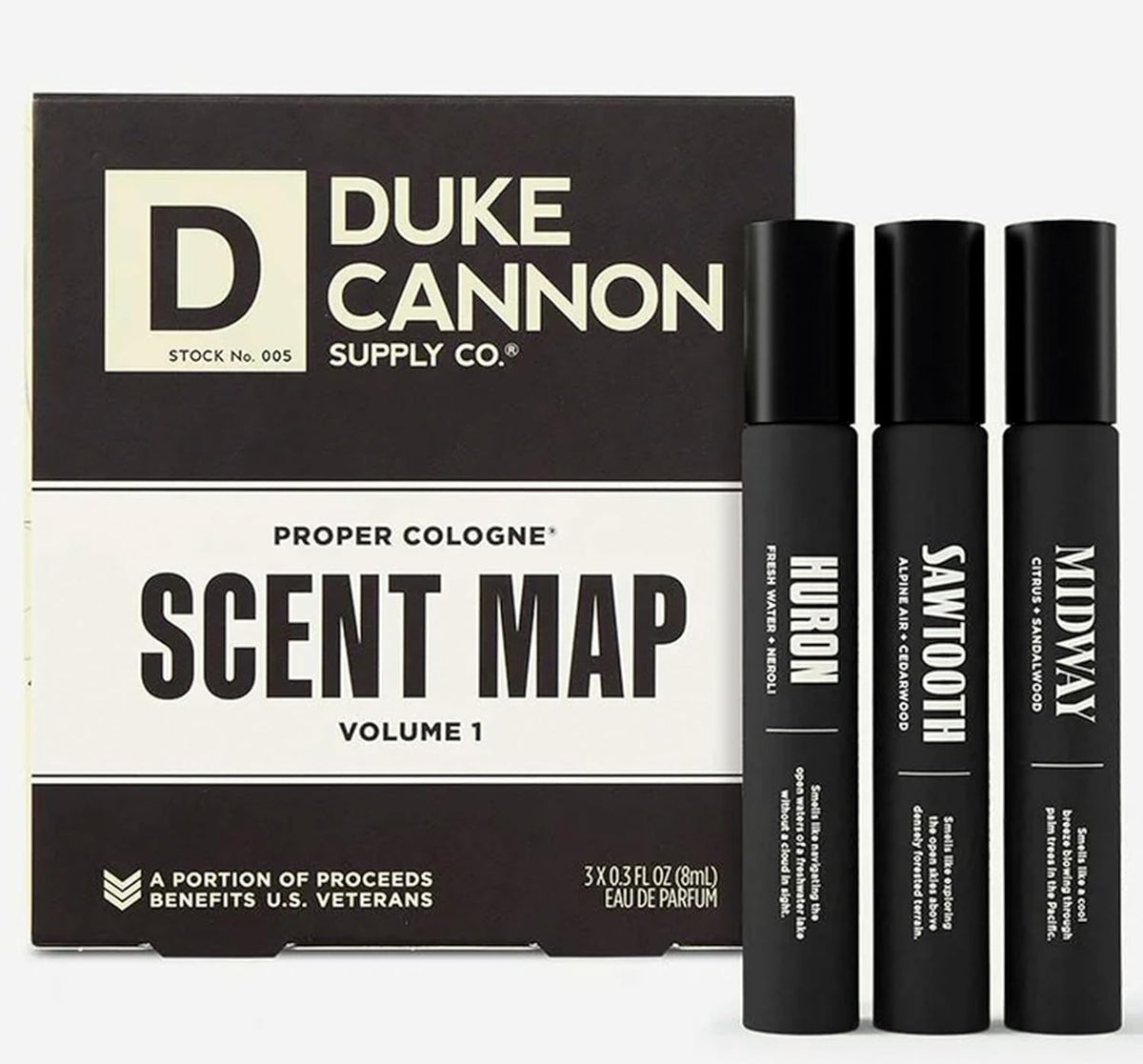 Duke Cannon Proper Cologne Sawtooth bottle on wood shelf, long-lasting woodsy scent.