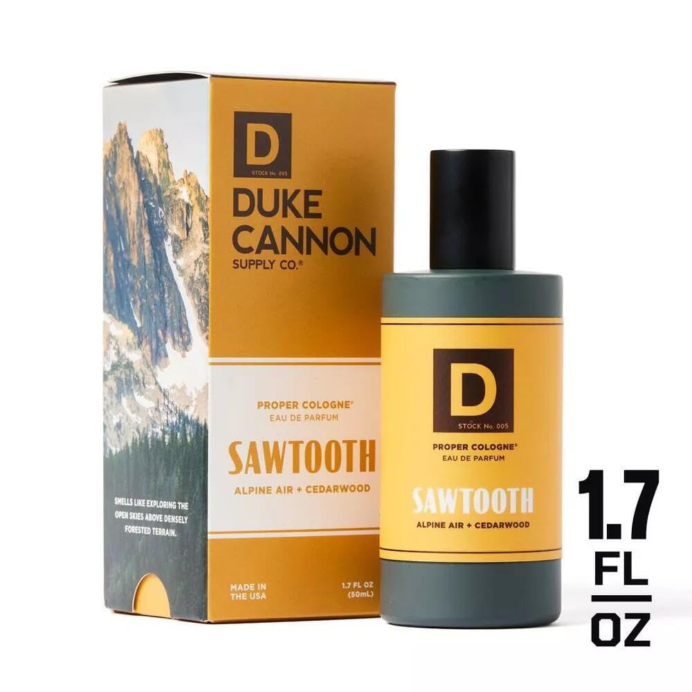 Duke Cannon Proper Cologne Sawtooth label detail emphasizes modern apothecary look and premium construction.