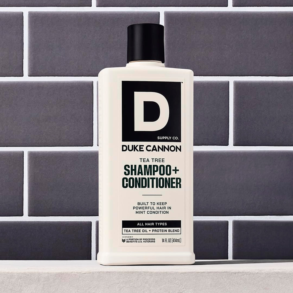 Duke Cannon rice and barley protein strengthens hair during cleansing.