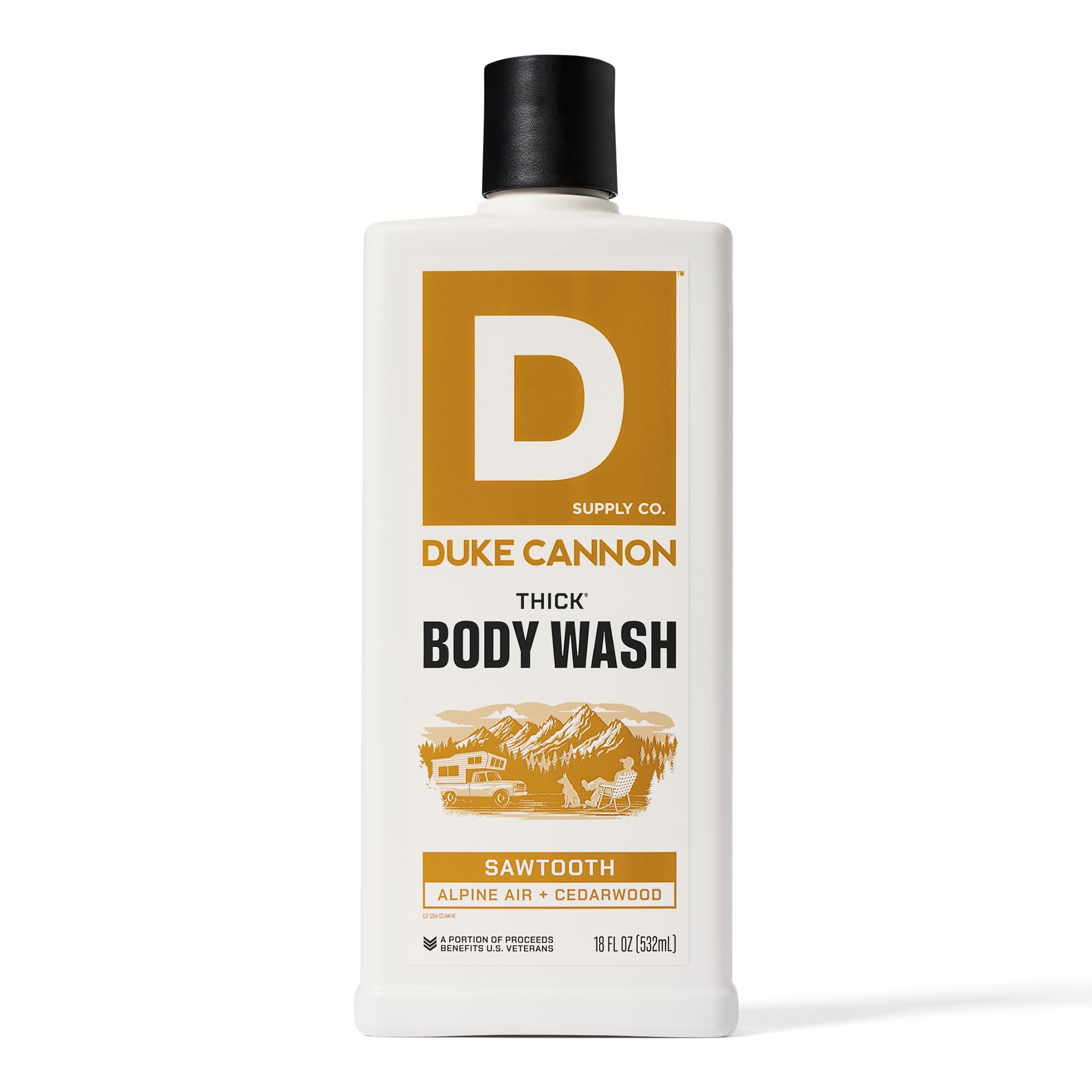 Duke Cannon Sawtooth Body Wash bottle front with rugged branding for a bold shower