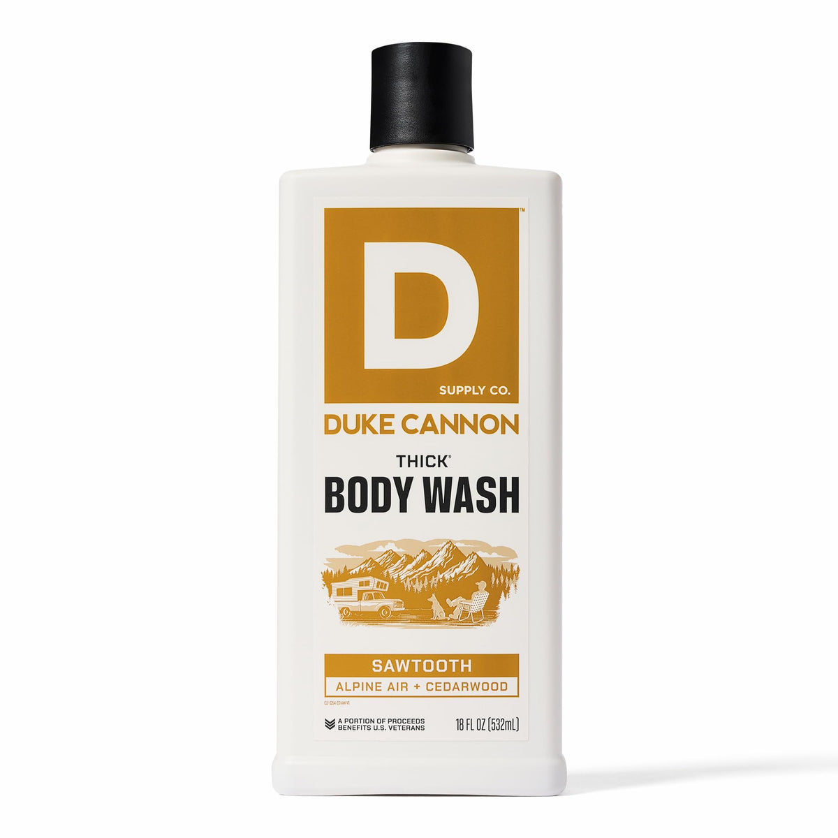 Duke Cannon Sawtooth Body Wash bottle front with rugged branding for a bold shower
