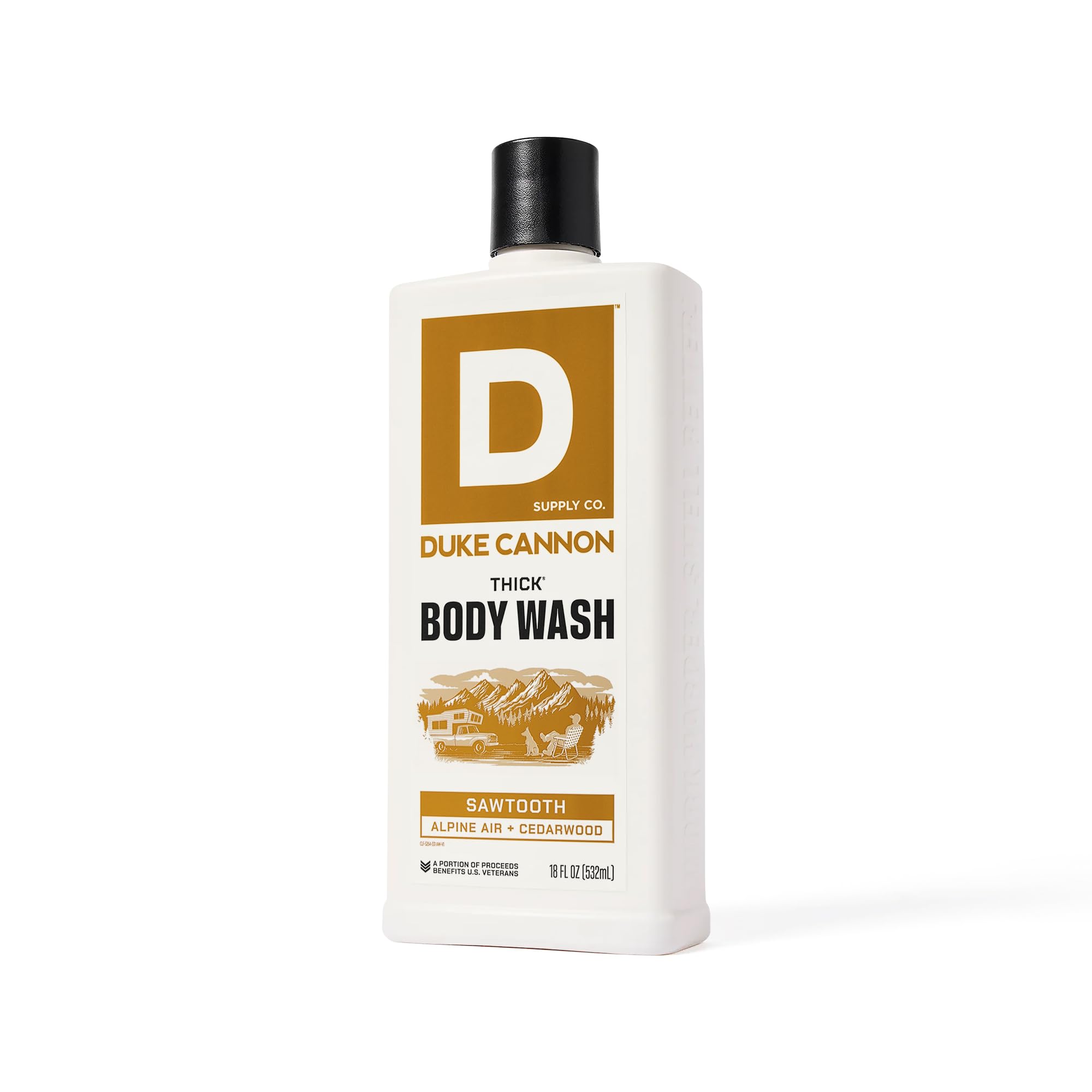 Duke Cannon Sawtooth 18oz bottle emphasizes substantial shower size