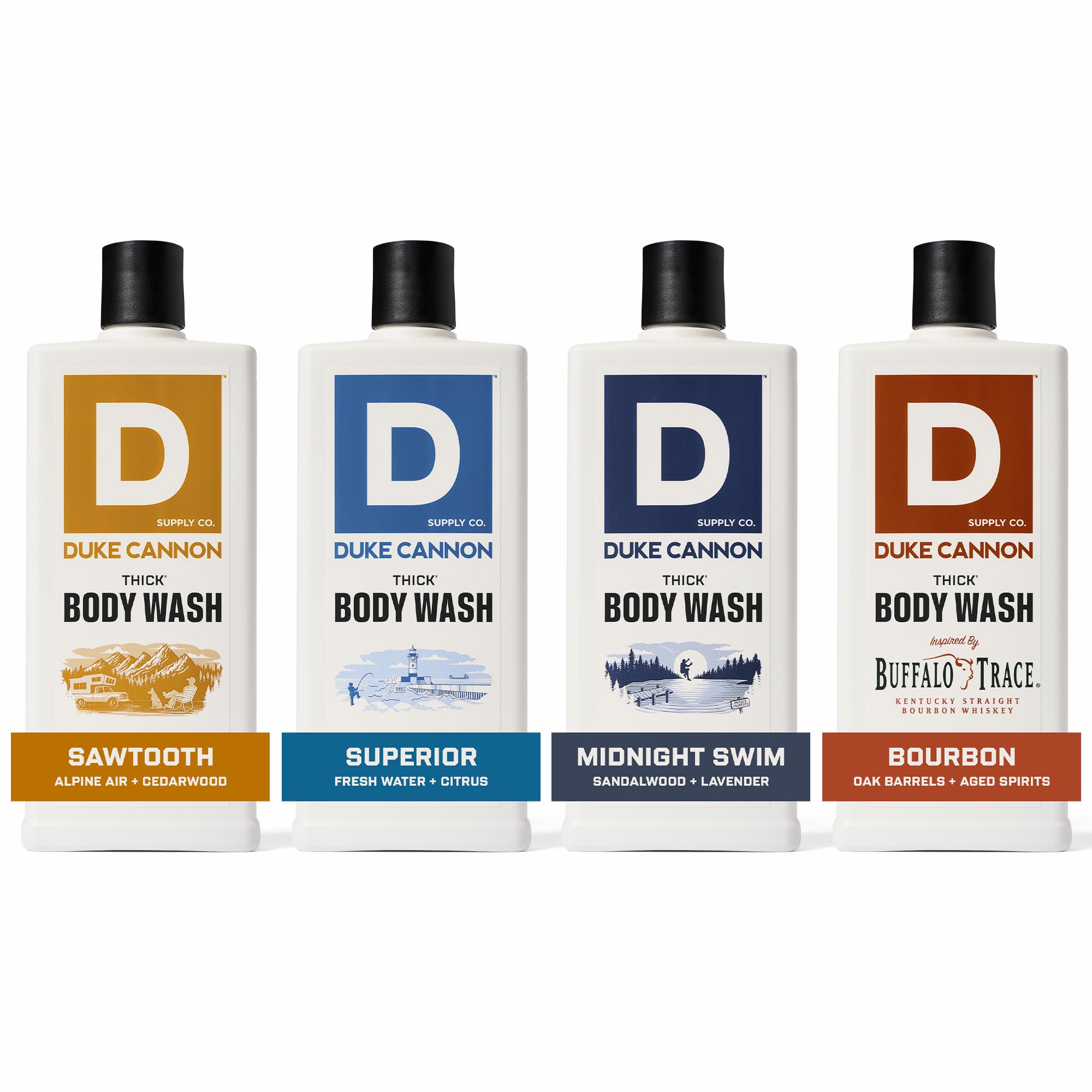 Duke Cannon Sawtooth bottle front shows a 3x thicker body wash for daily use.
