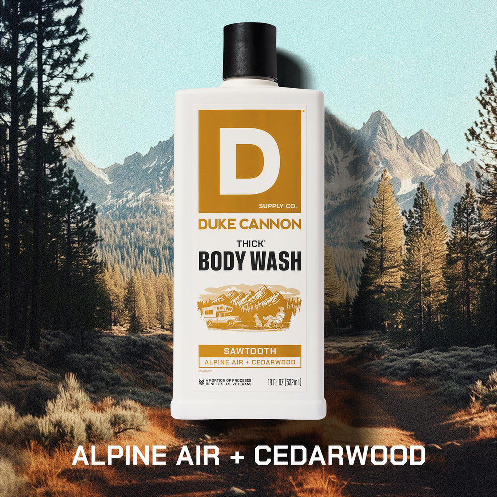 Duke Cannon Sawtooth scent blends alpine air with cedarwood for outdoors vibe