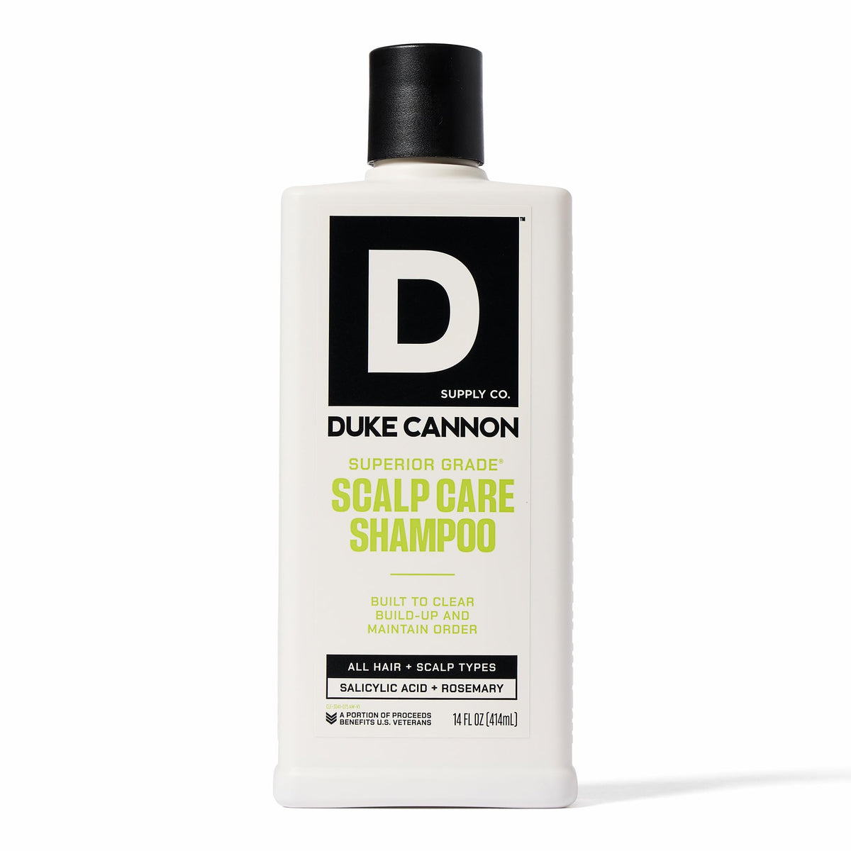 Duke Cannon Scalp Care Shampoo bottle for a residue-free cleanse.