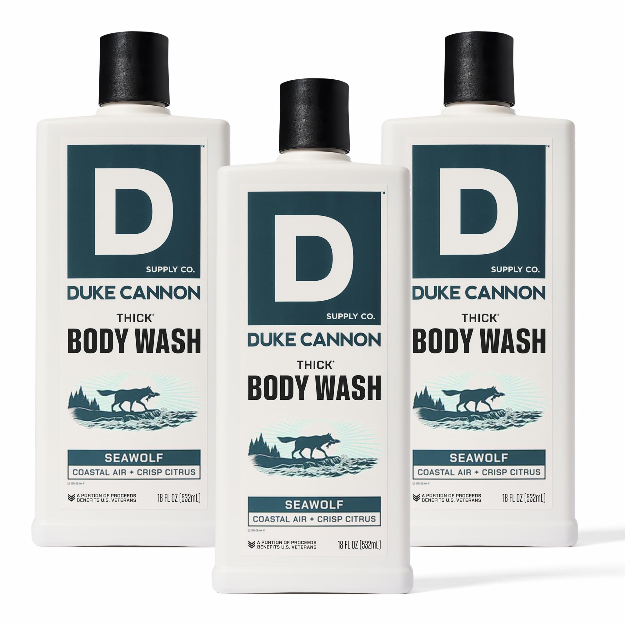 Duke Cannon Seawolf bottle front shows rugged packaging for daily showers.