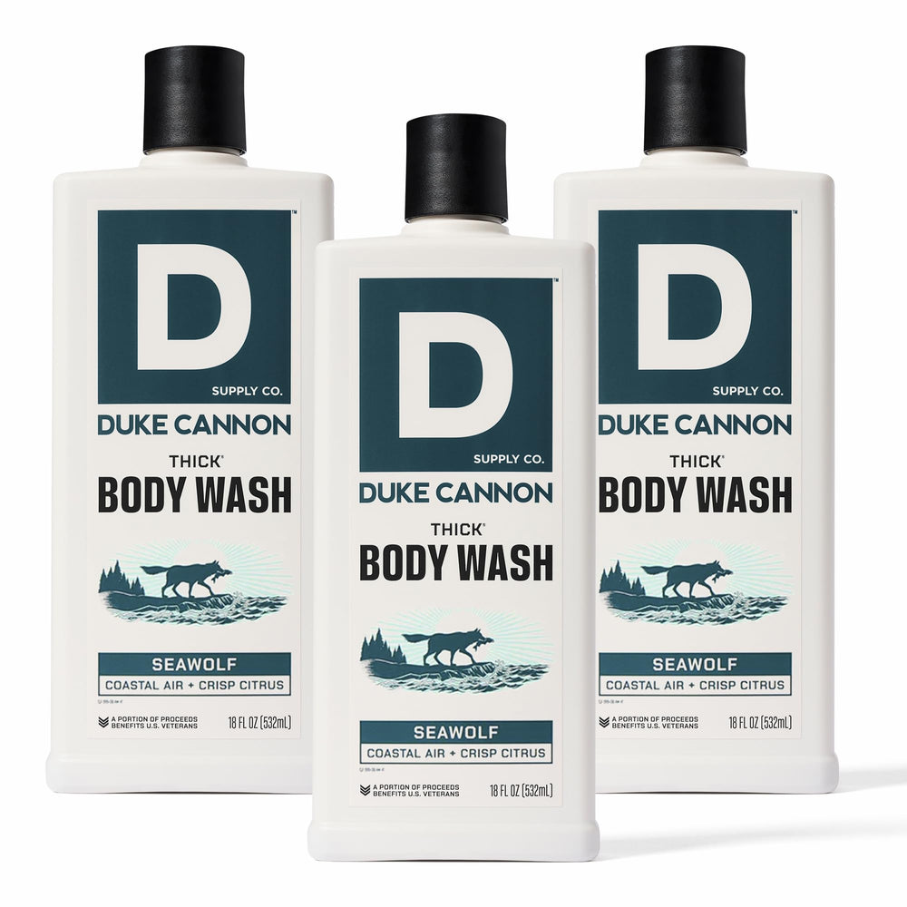 Duke Cannon Seawolf bottle front shows rugged packaging for daily showers.