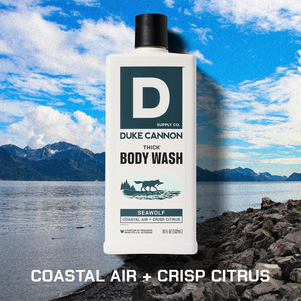 Duke Cannon Seawolf bottle label highlights masculine fragrance and premium cleansing
