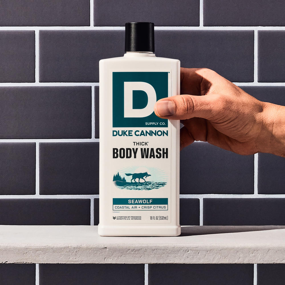 Duke Cannon Seawolf rich lather image emphasizes thorough clean with gentler residue