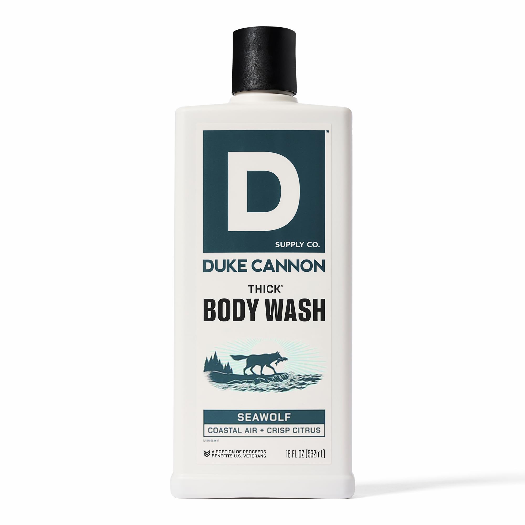 Duke Cannon Seawolf thick bottle closeup shows 3x thicker formula for lasting lather