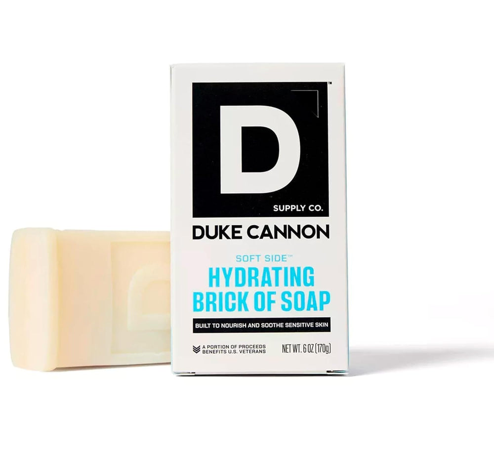 Duke Cannon Soft Side soap bar close-up highlighting shea butter for smoother skin