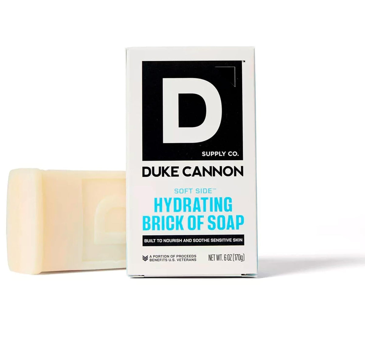 Duke Cannon Soft Side soap bar close-up highlighting shea butter for smoother skin