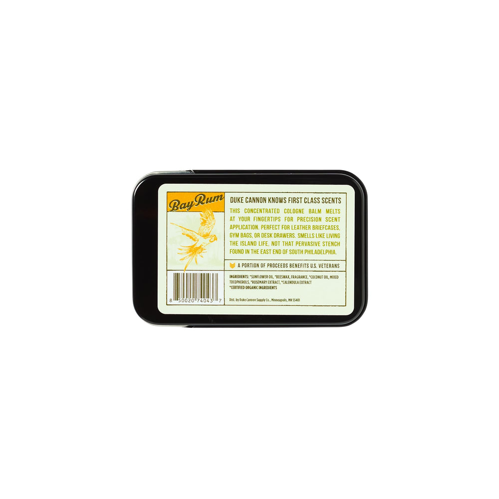 Duke Cannon Bay Rum solid cologne compact 1.5 oz tin for daily use.