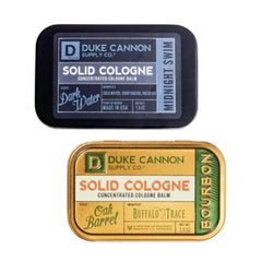 Duke Cannon Bourbon Solid Cologne bottle showcases rugged aroma and travel-ready packaging.