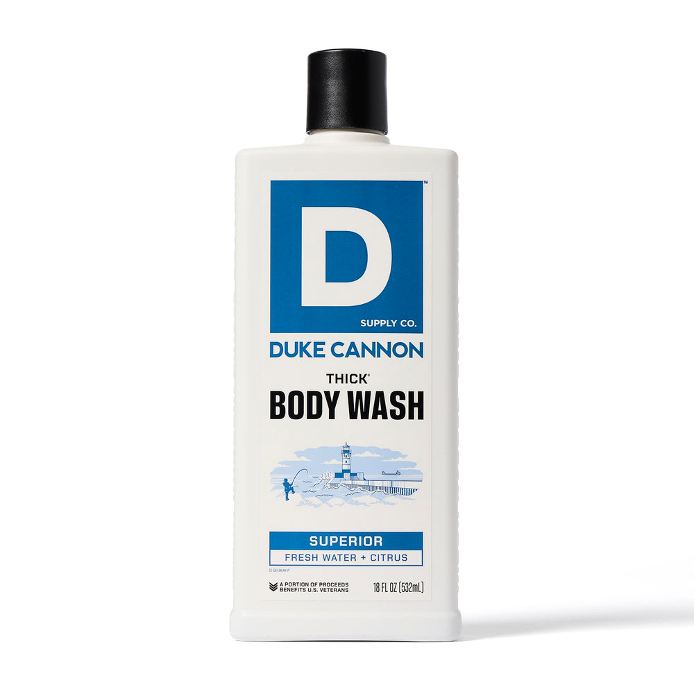 Duke Cannon Superior bottle in a shower setting suggests hydrating cleanse.