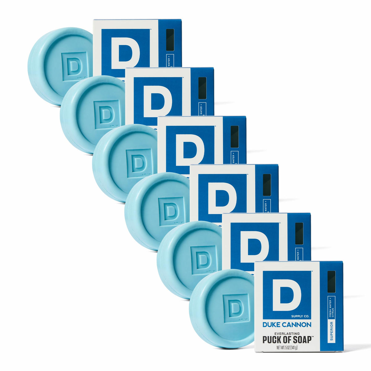 Duke Cannon Supply Co. puck soap bundle front view, six-pack for daily grooming convenience.