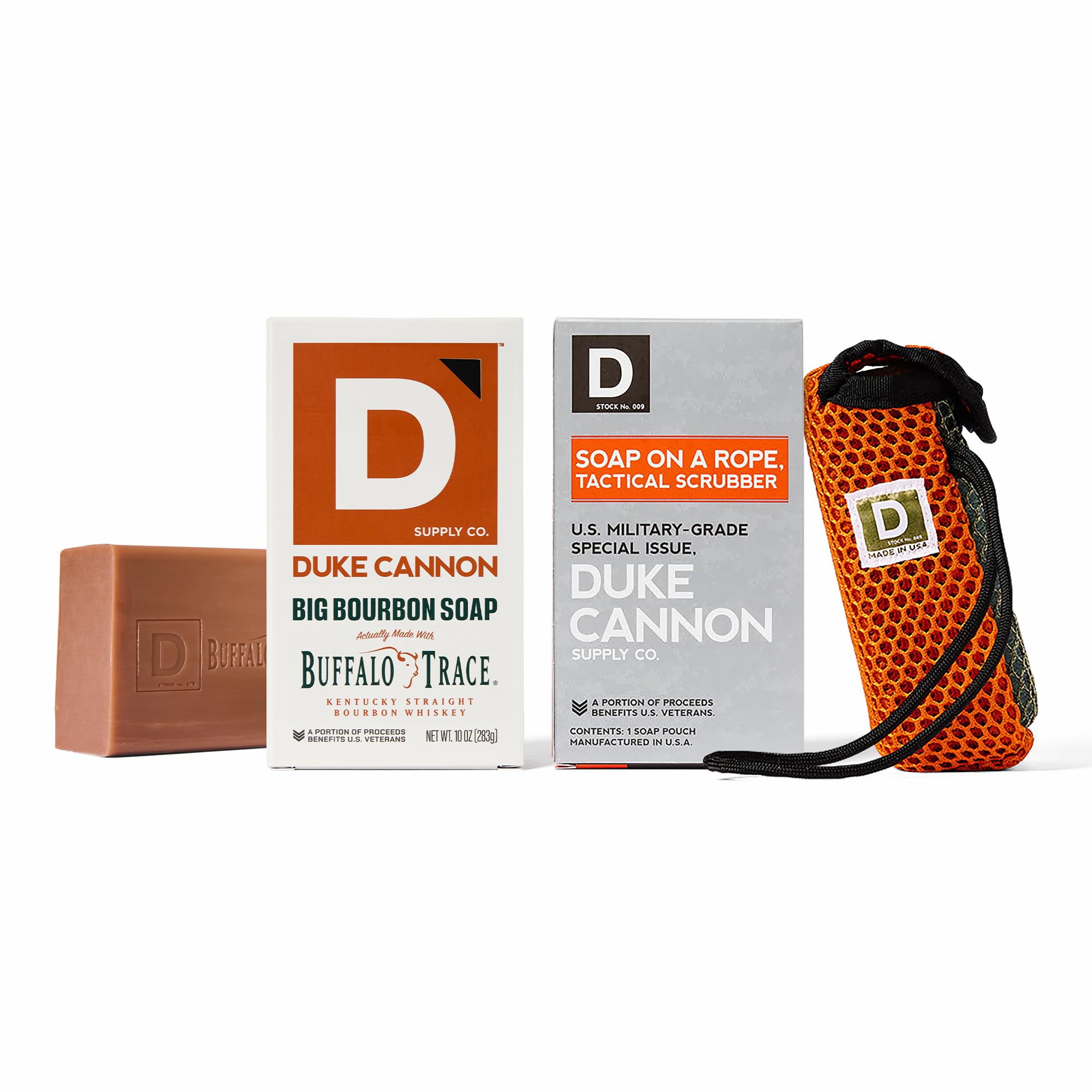 Duke Cannon Tactical Scrubber with bourbon soap bar for deep cleansing.