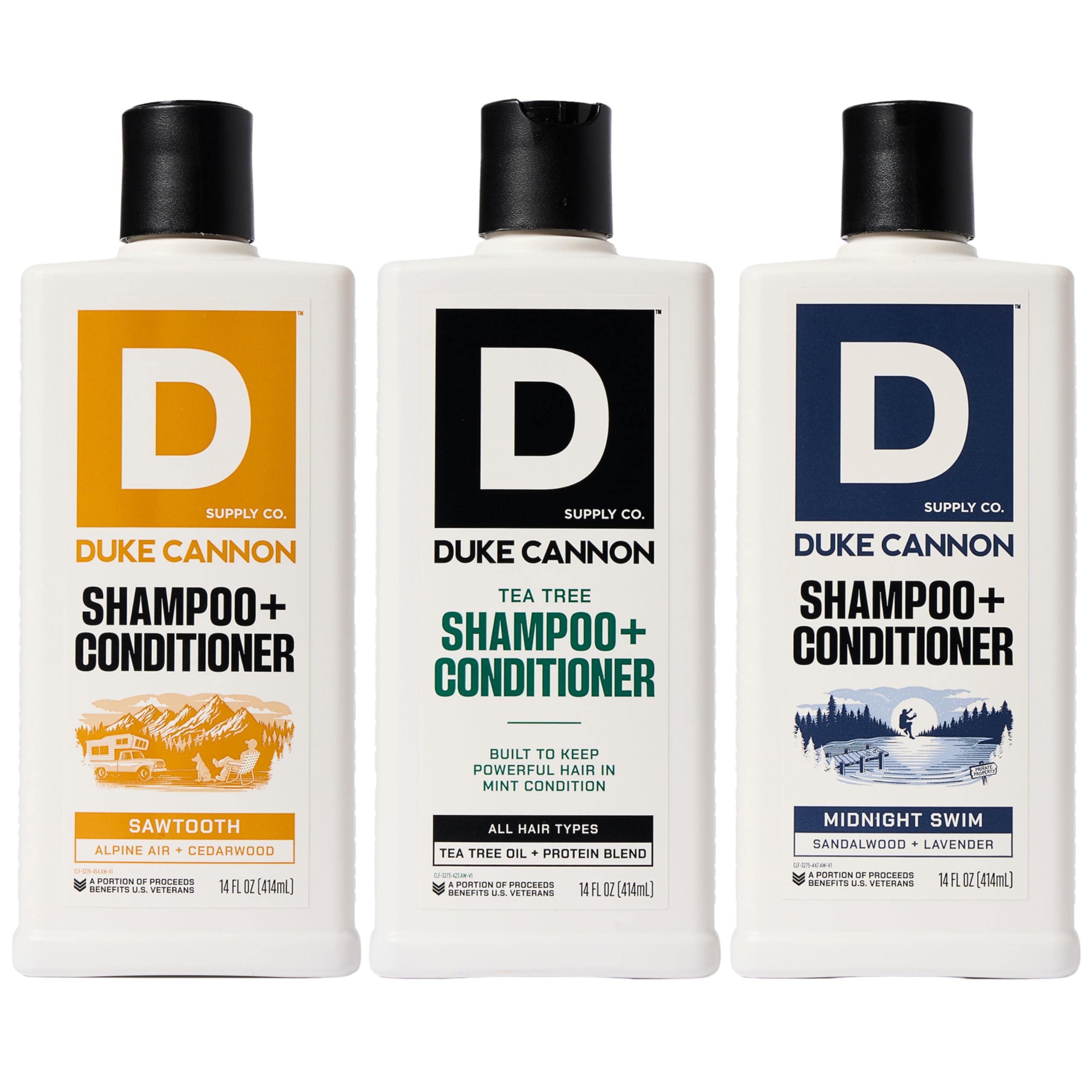 Duke Cannon Tea Tree 2-in-1 hair wash bottle with refreshing masculine scent.