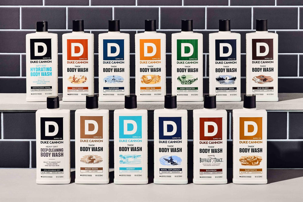 Duke Cannon THICK 3-pack display arranged neatly on a shelf.