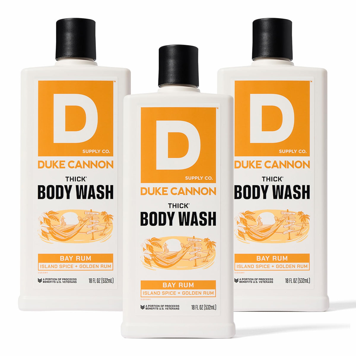 Duke Cannon THICK Bay Rum body wash bottle offers a rich, long-lasting cleanse.