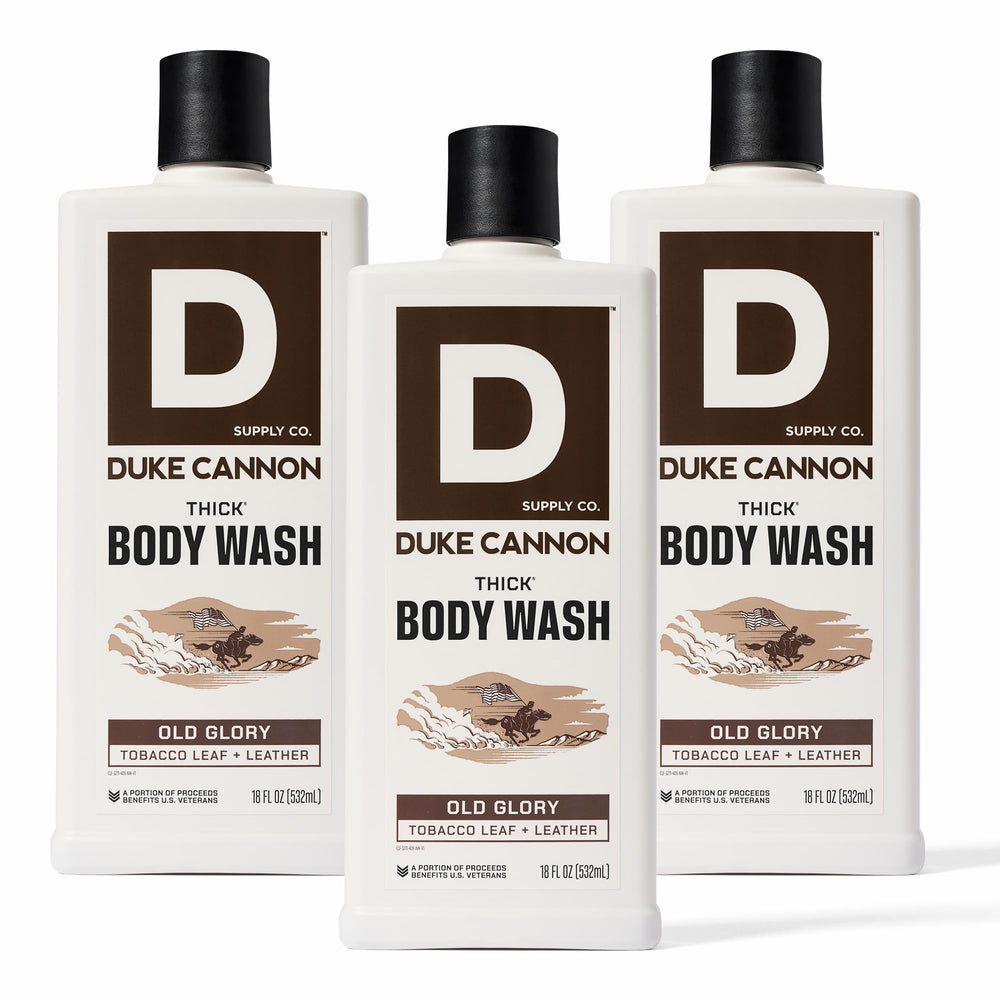 Duke Cannon Thick Body Wash bottle front with Old Glory scent for rugged showers.