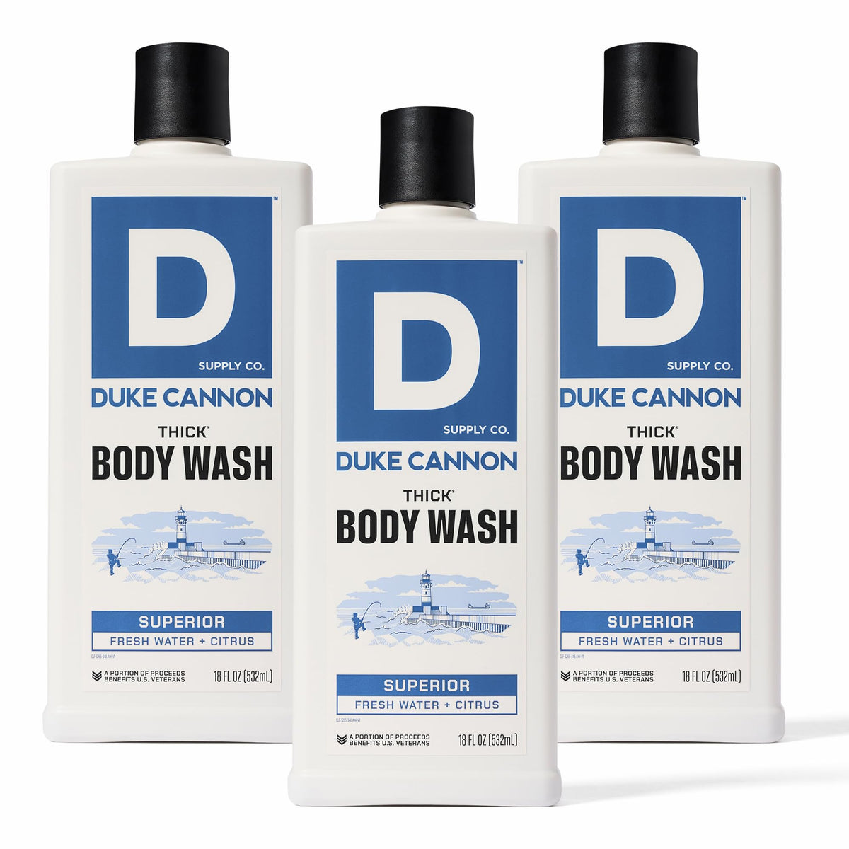Duke Cannon Thick Body Wash bottle front shows premium design for daily refresh.