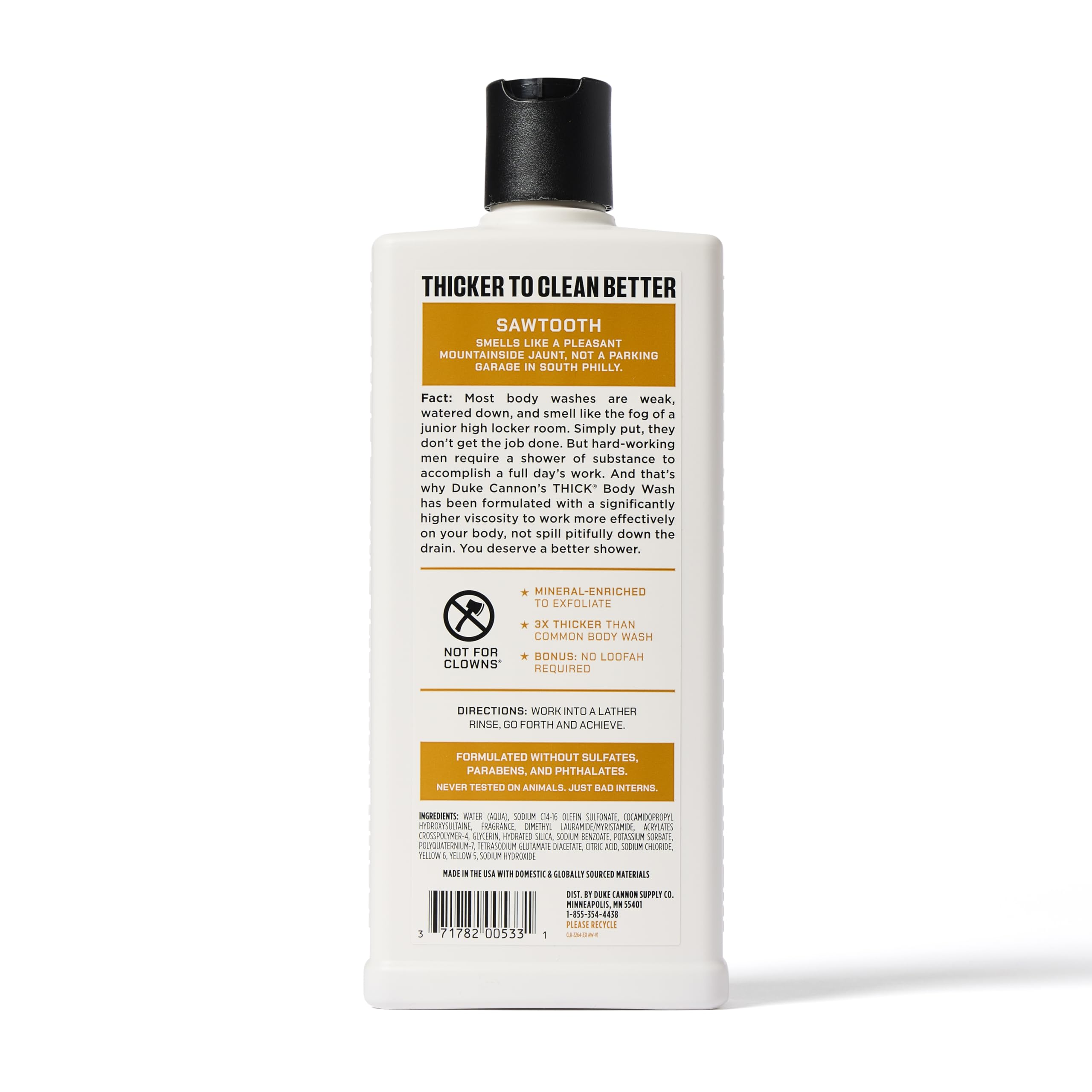Duke Cannon Thick Body Wash foam demonstrates rich lather for effective cleansing.