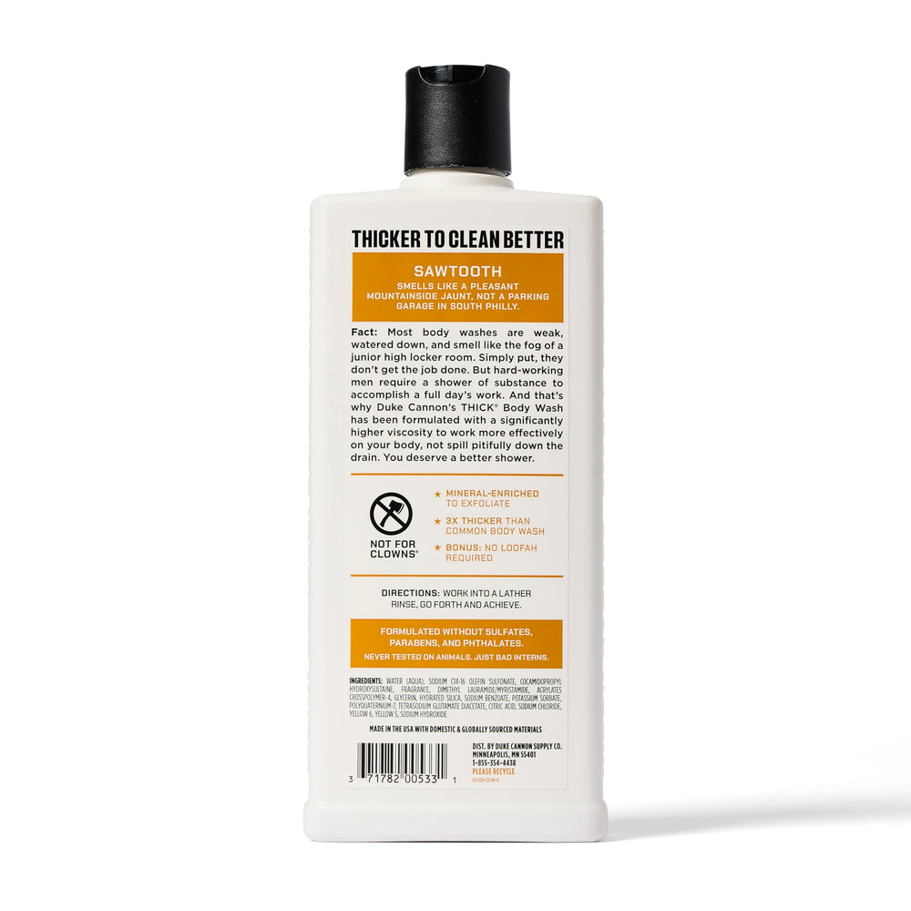 Duke Cannon Thick Body Wash foam demonstrates rich lather for effective cleansing.