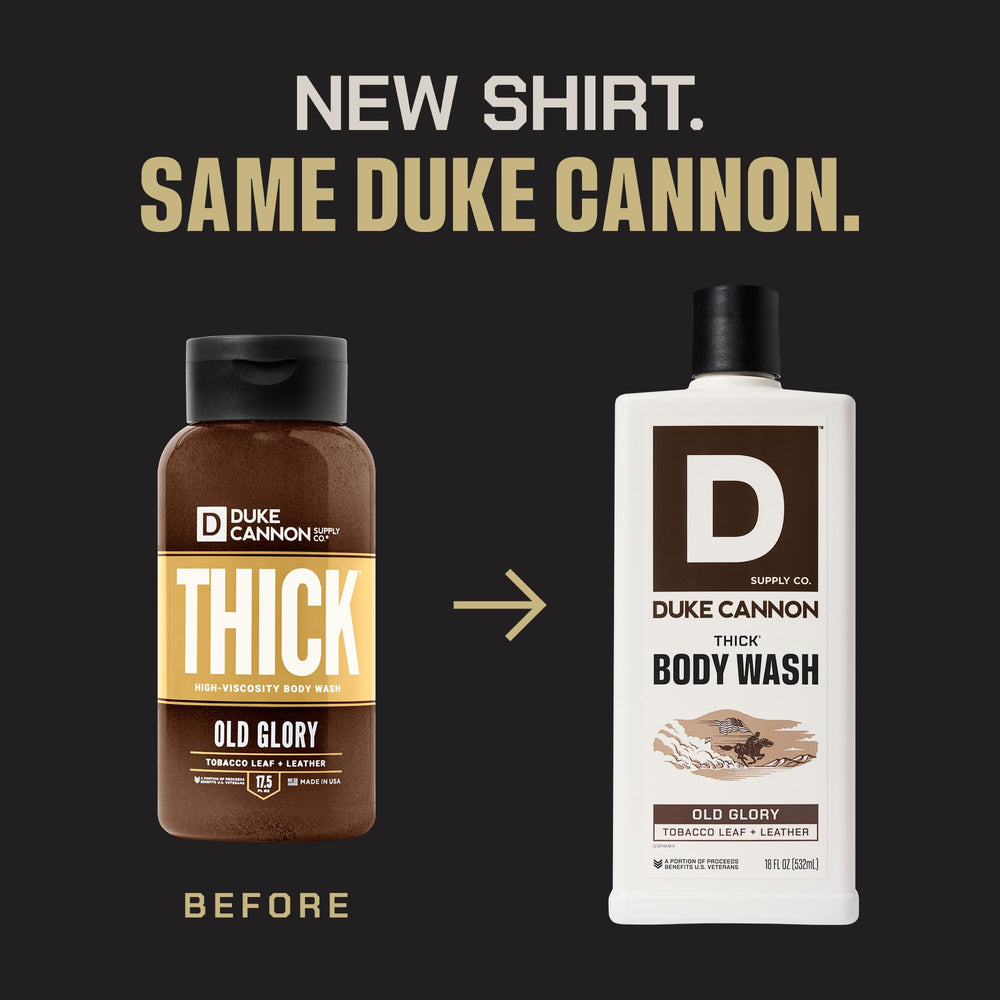 Duke Cannon Thick Body Wash label close-up highlighting plant-based thickeners.