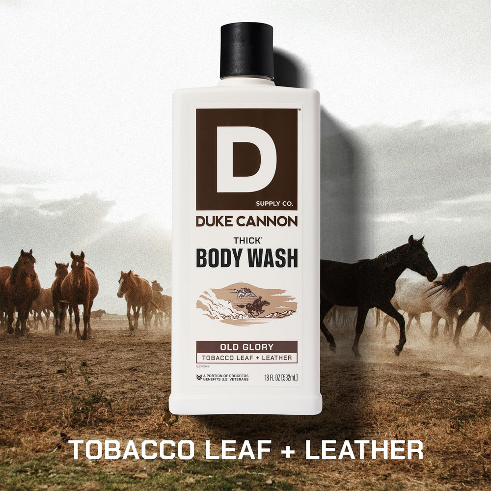Duke Cannon Thick Body Wash pours to reveal rich lather and thorough cleanse.
