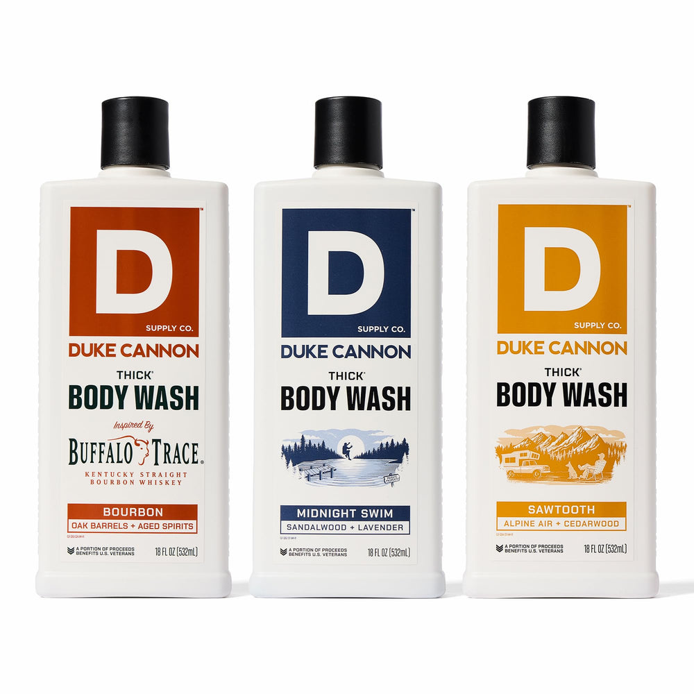Duke Cannon Thick Body Wash Sawtooth bottle shows 3X thick formula for a deep clean.