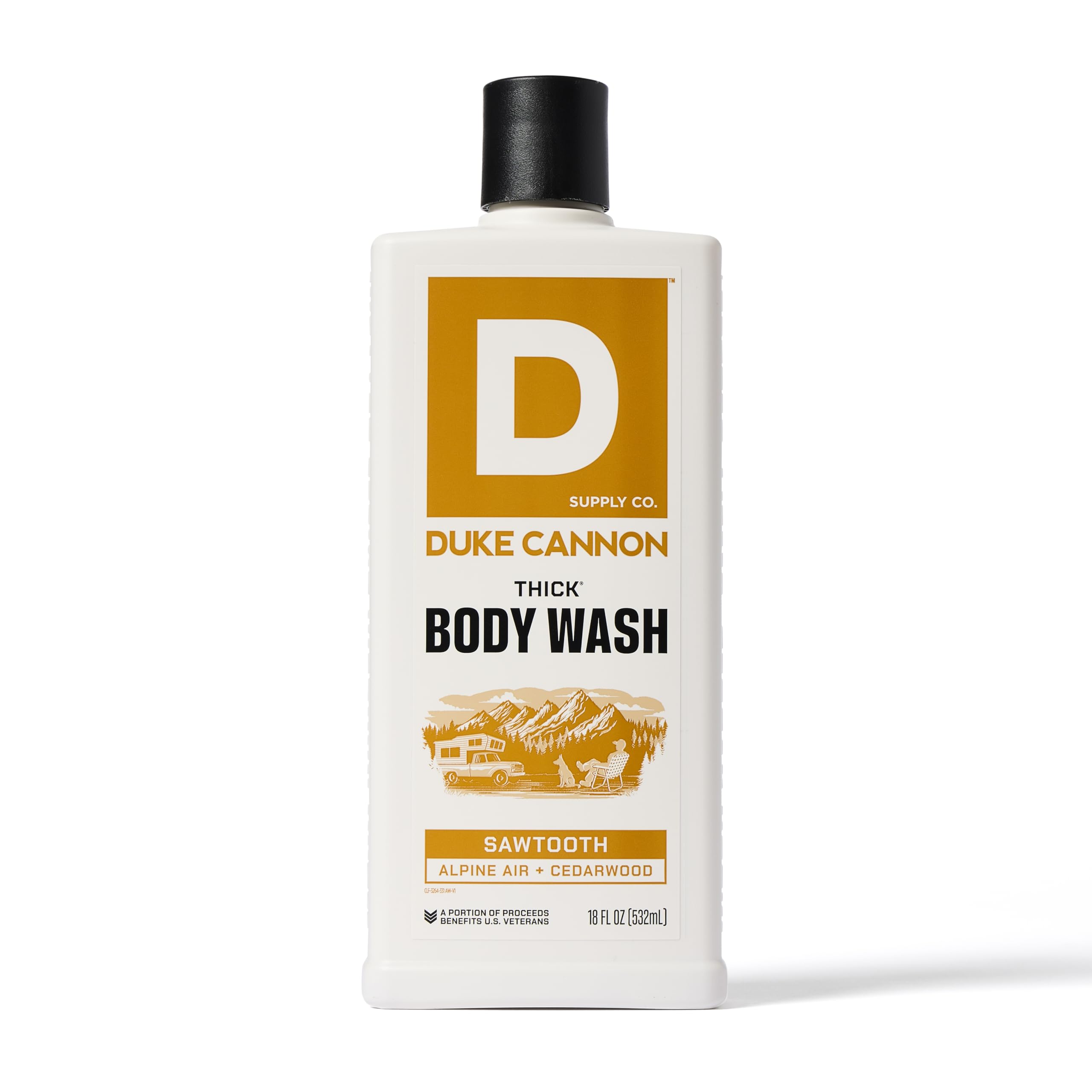 Duke Cannon Sawtooth label close-up highlights rugged branding and scent promise.