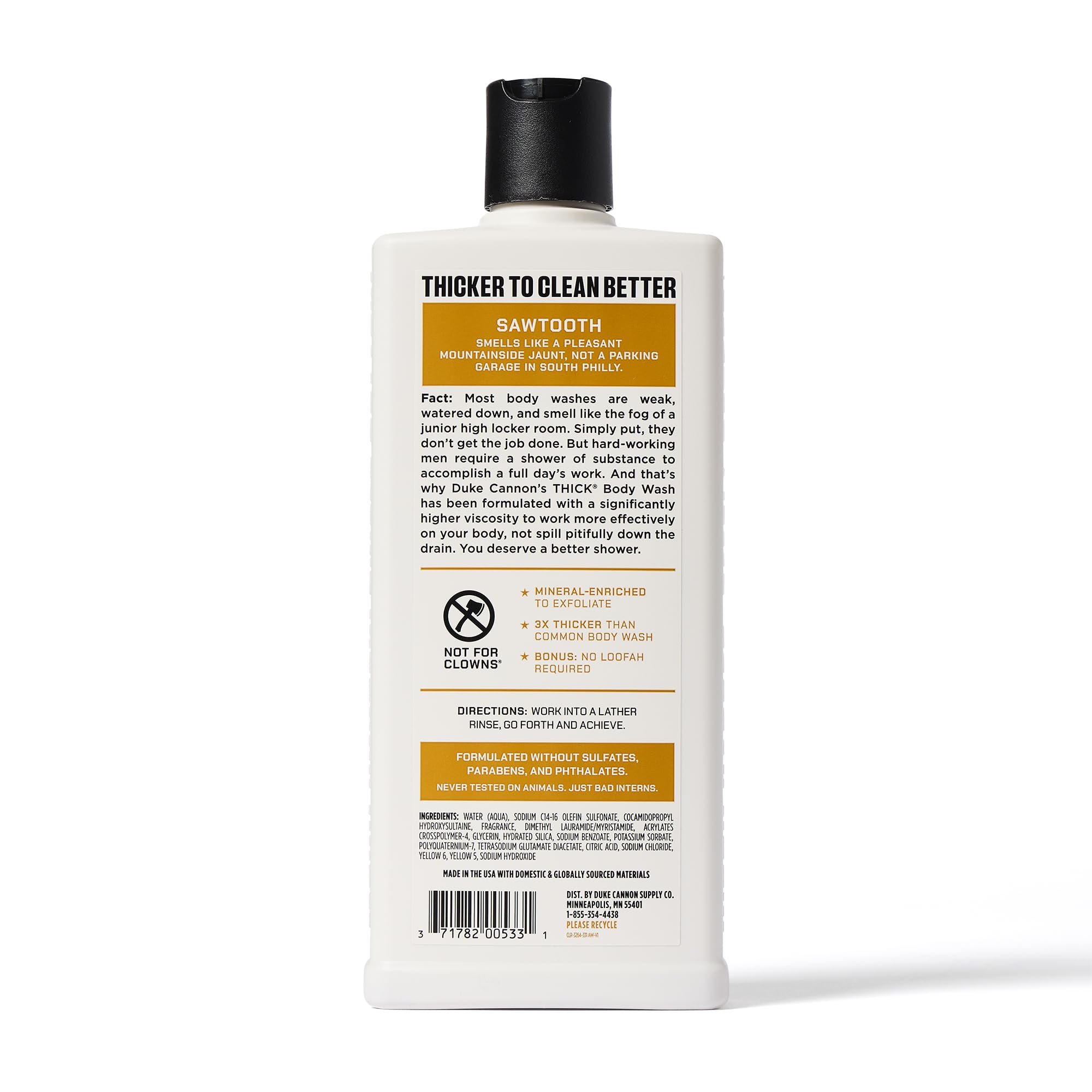 Duke Cannon Thick High-Viscosity bottle emphasizes a lasting, substantial wash texture.