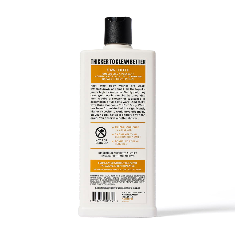 Duke Cannon Thick High-Viscosity bottle emphasizes a lasting, substantial wash texture.