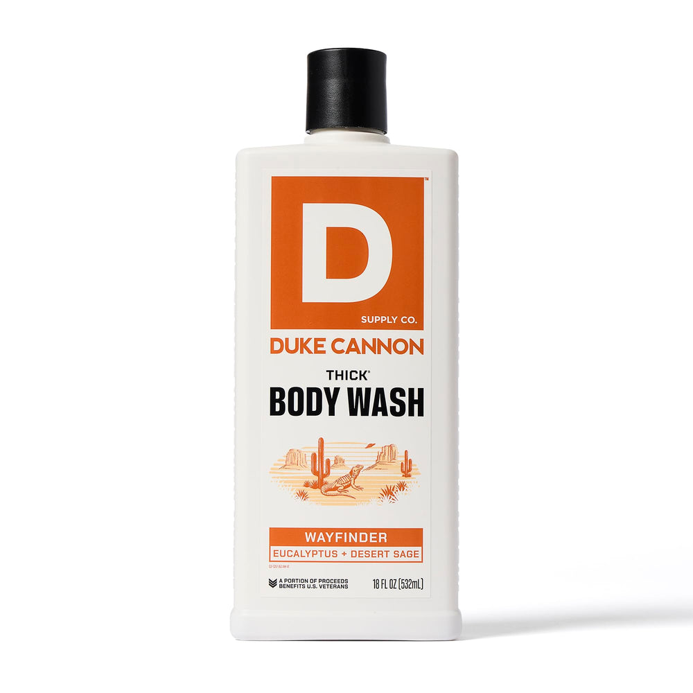 Duke Cannon Thick lather bottle showcasing the rich, creamy lather of the product.