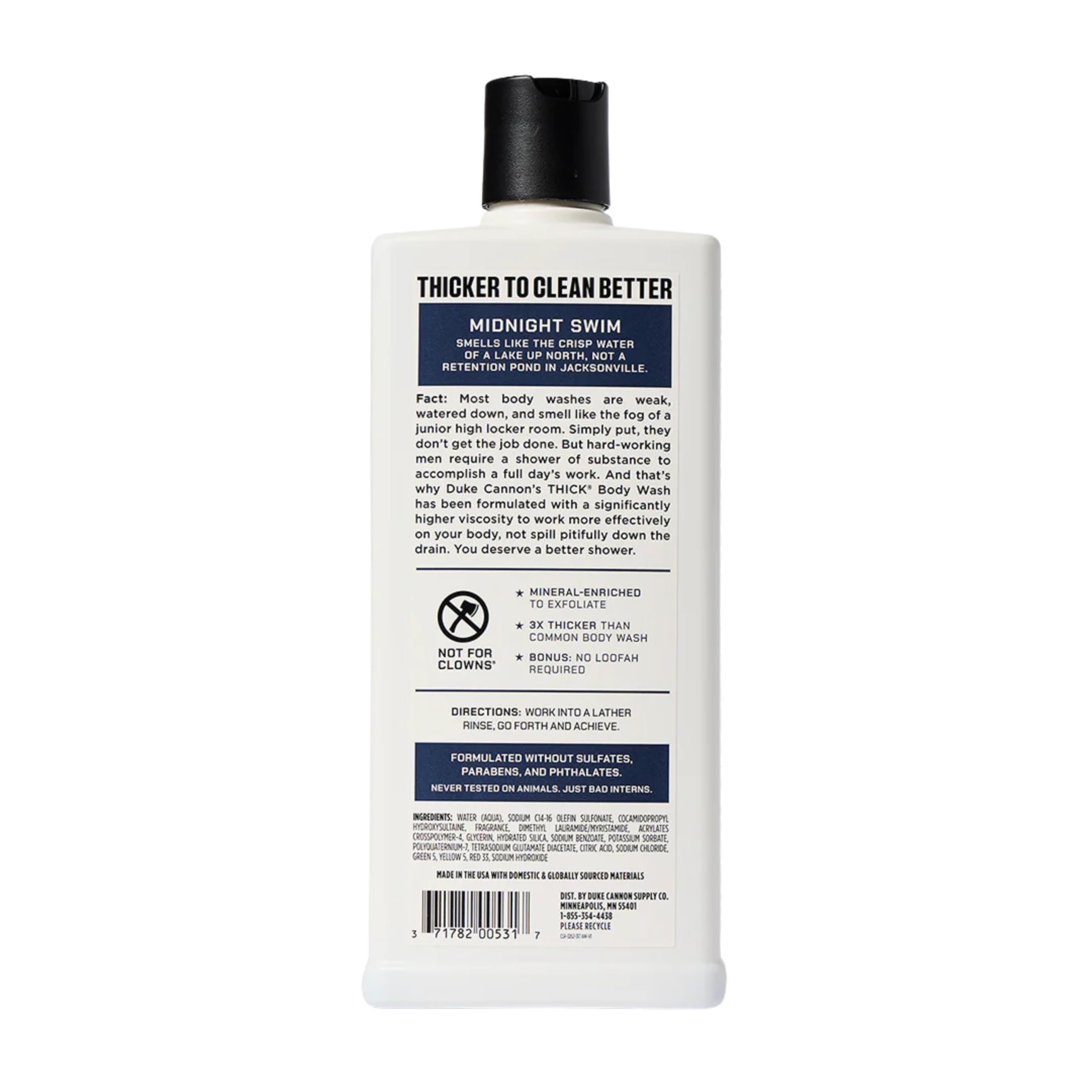 Duke Cannon THICK Midnight Swim bottle with crisp aquatic notes for an energized cleanse.