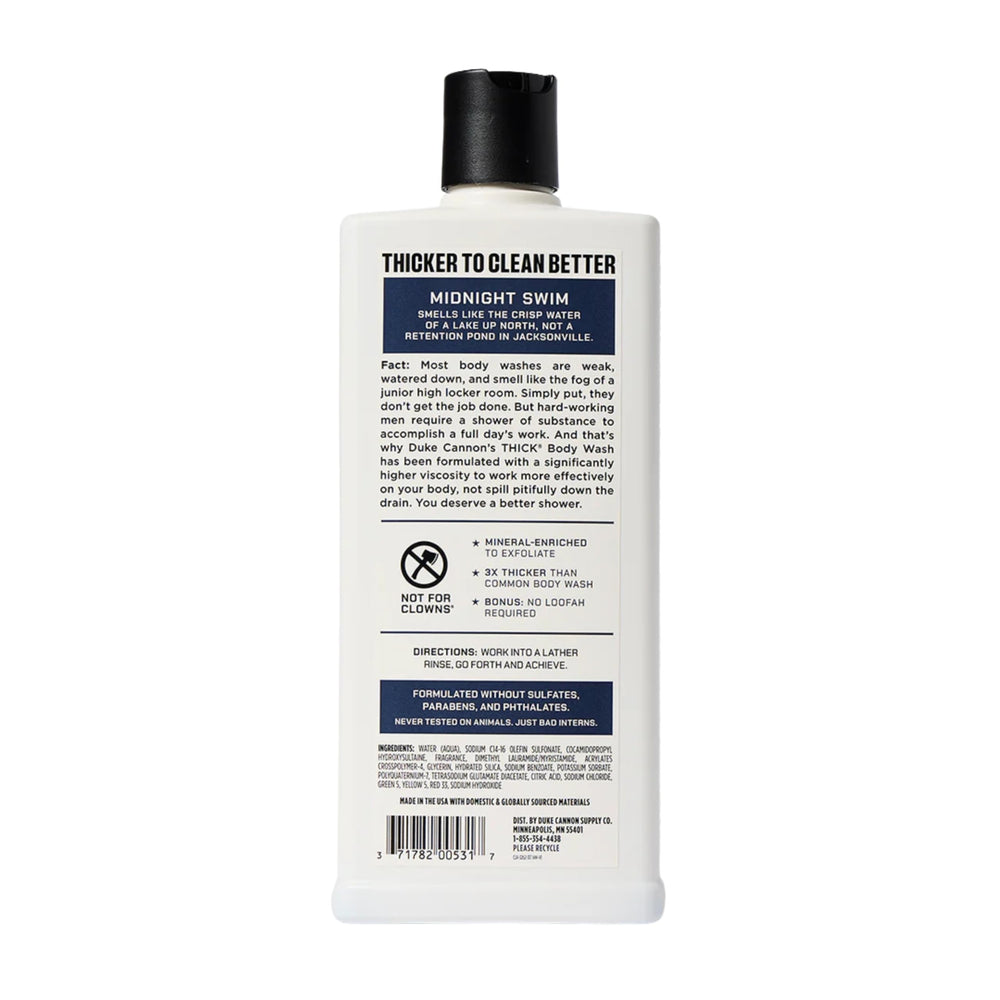 Duke Cannon THICK Midnight Swim bottle with crisp aquatic notes for an energized cleanse.