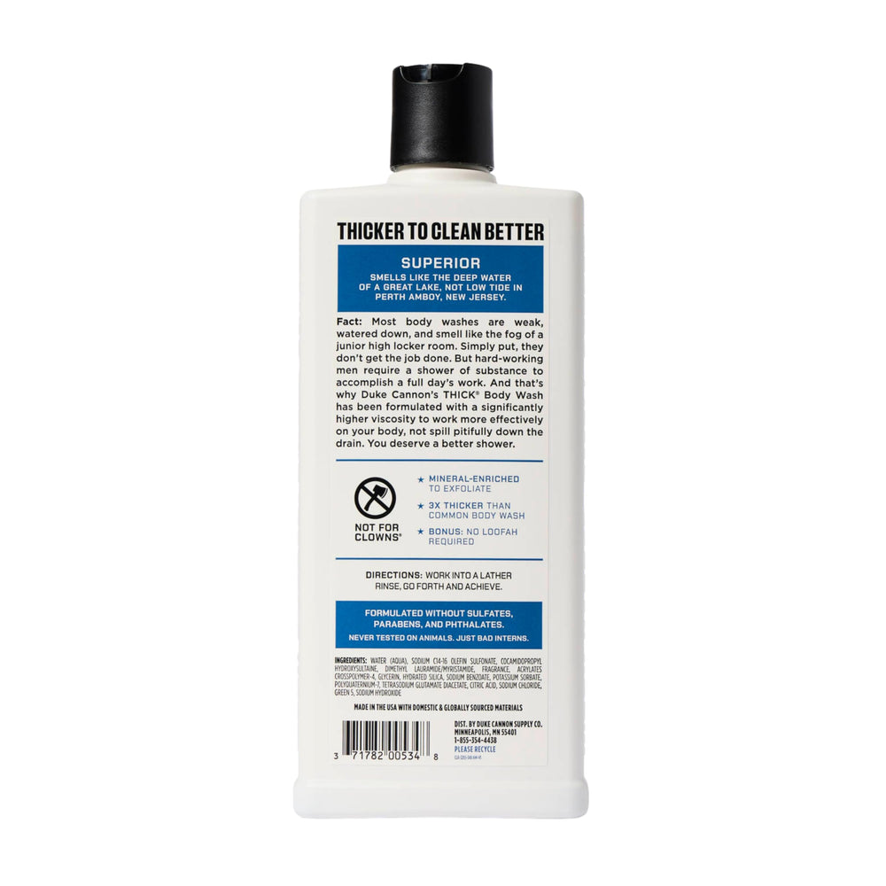Duke Cannon THICK Superior bottle with fresh greens for daily refresh.