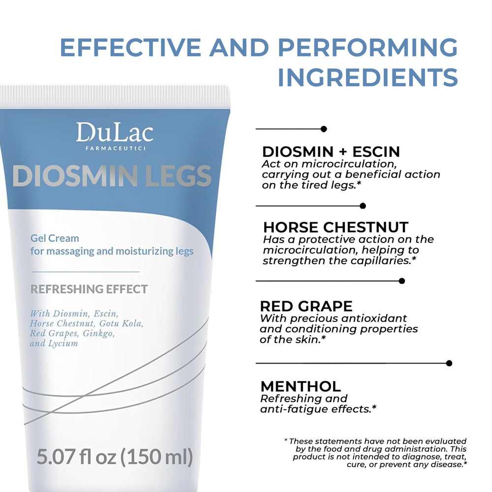 DULÀC Diosmin Legs Gel Cream Centella Asiatica infusion and botanicals for skin comfort.