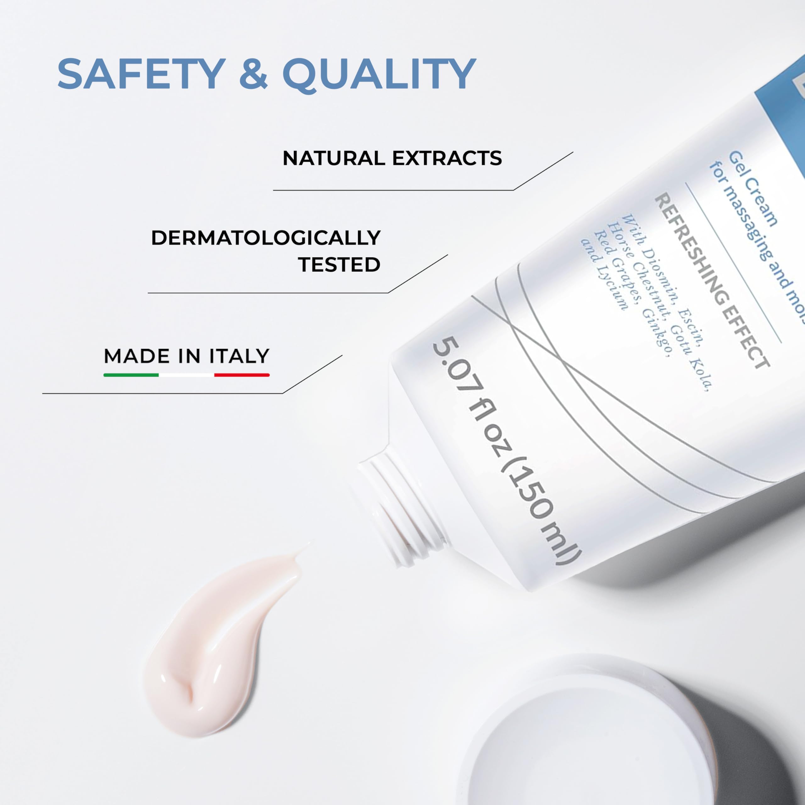 DULÀC Diosmin Legs Gel Cream applying upward massage to legs for absorption.