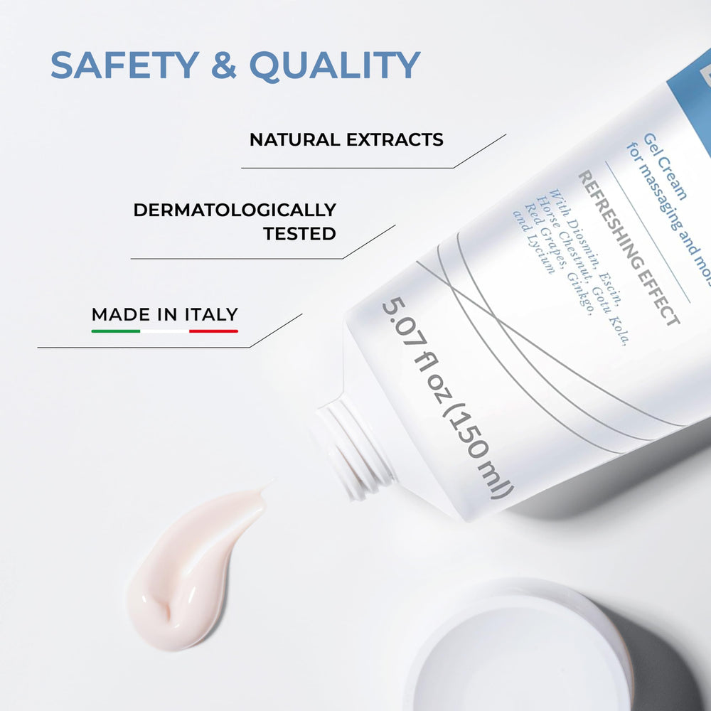 DULÀC Diosmin Legs Gel Cream applying upward massage to legs for absorption.