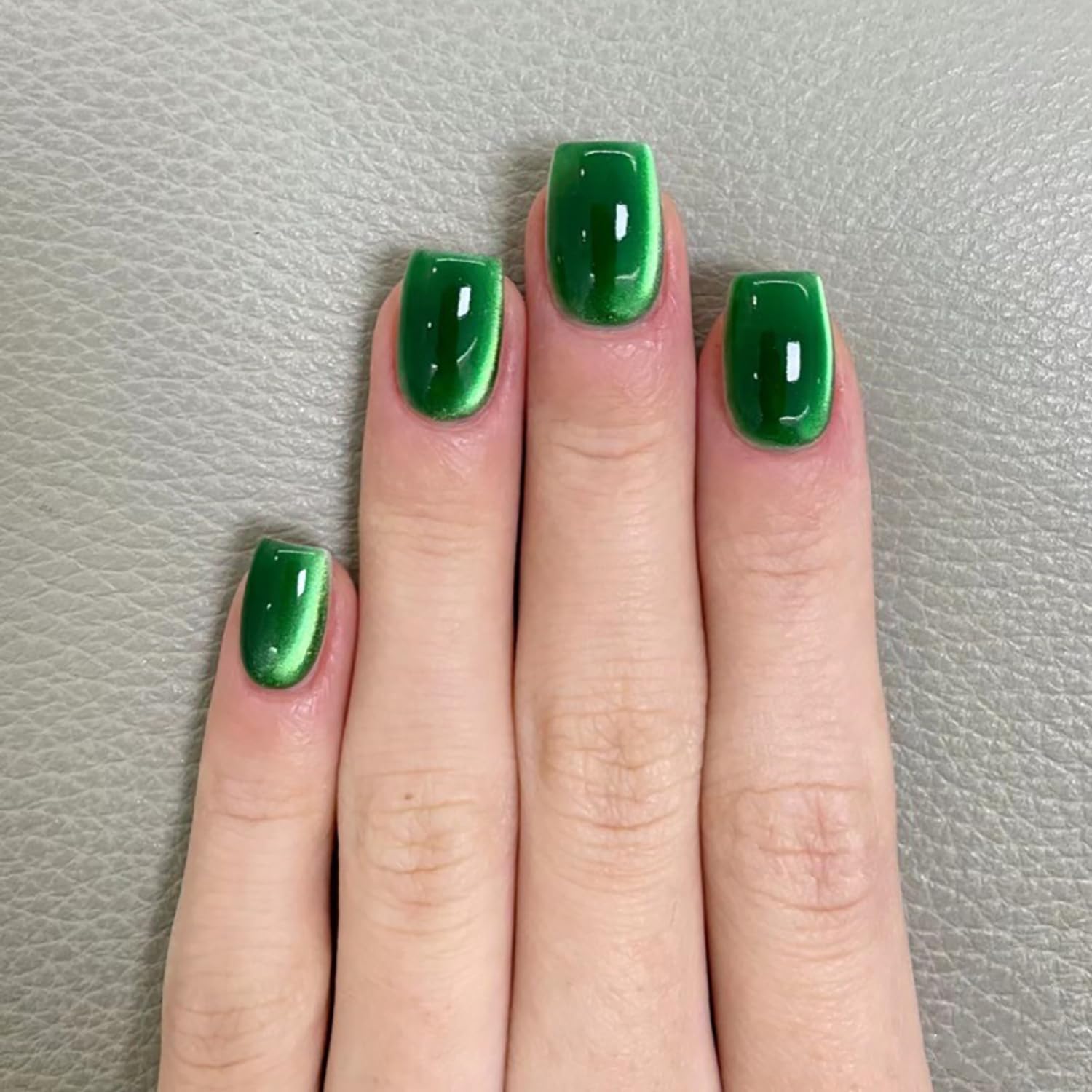 Dulyork green press-on nails in short square glitter finish for quick at-home manicures.