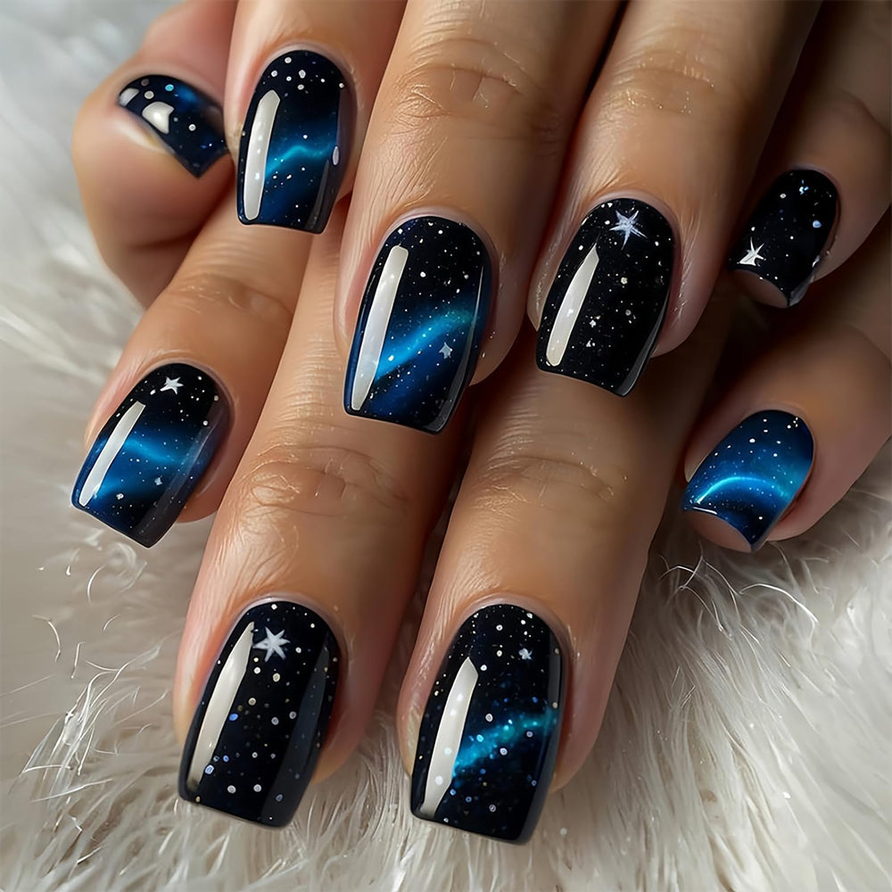 Dulyork press-on nails with short square black-blue star designs for quick manicure.