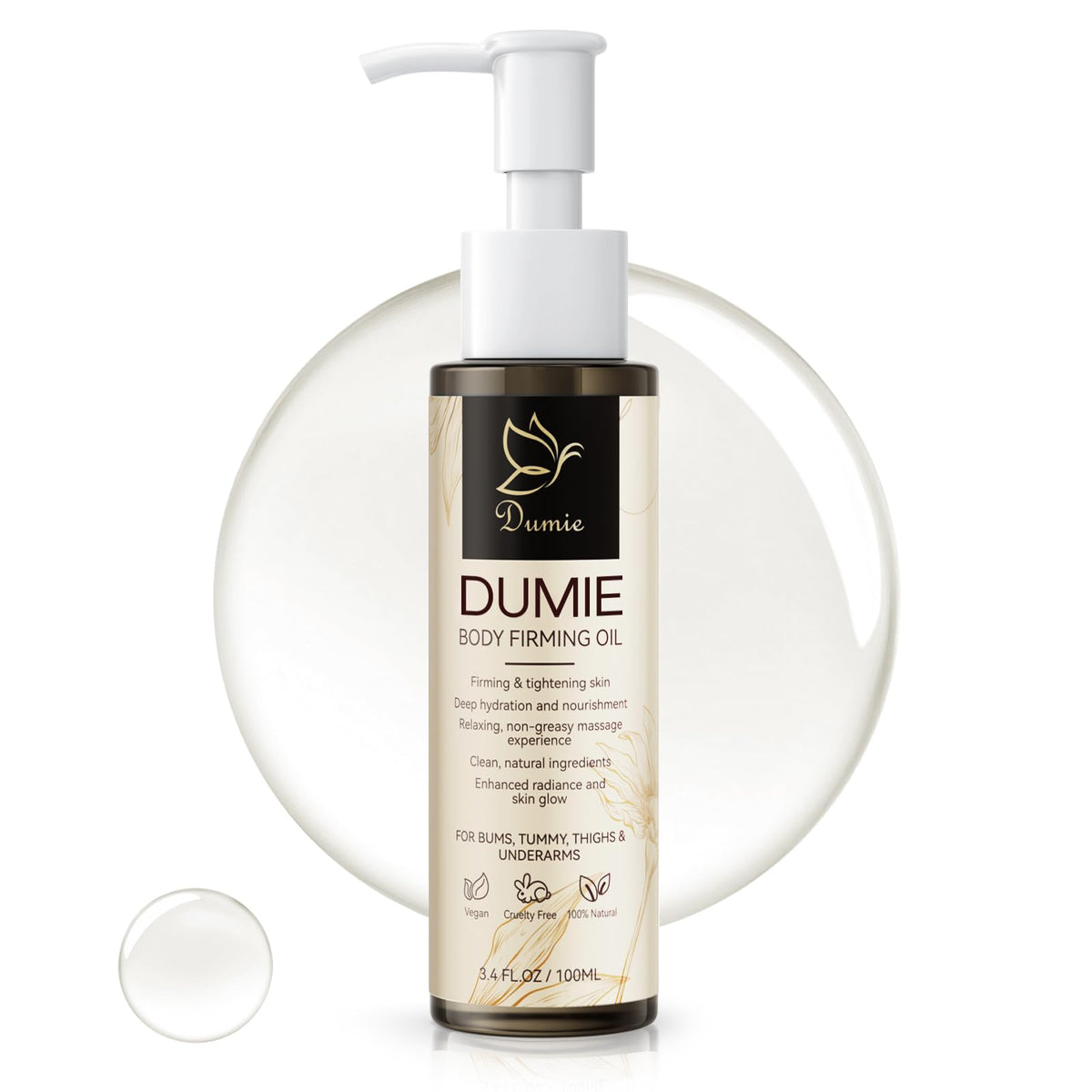 Dumie Body Firming Oil after shower tightens and hydrates skin.