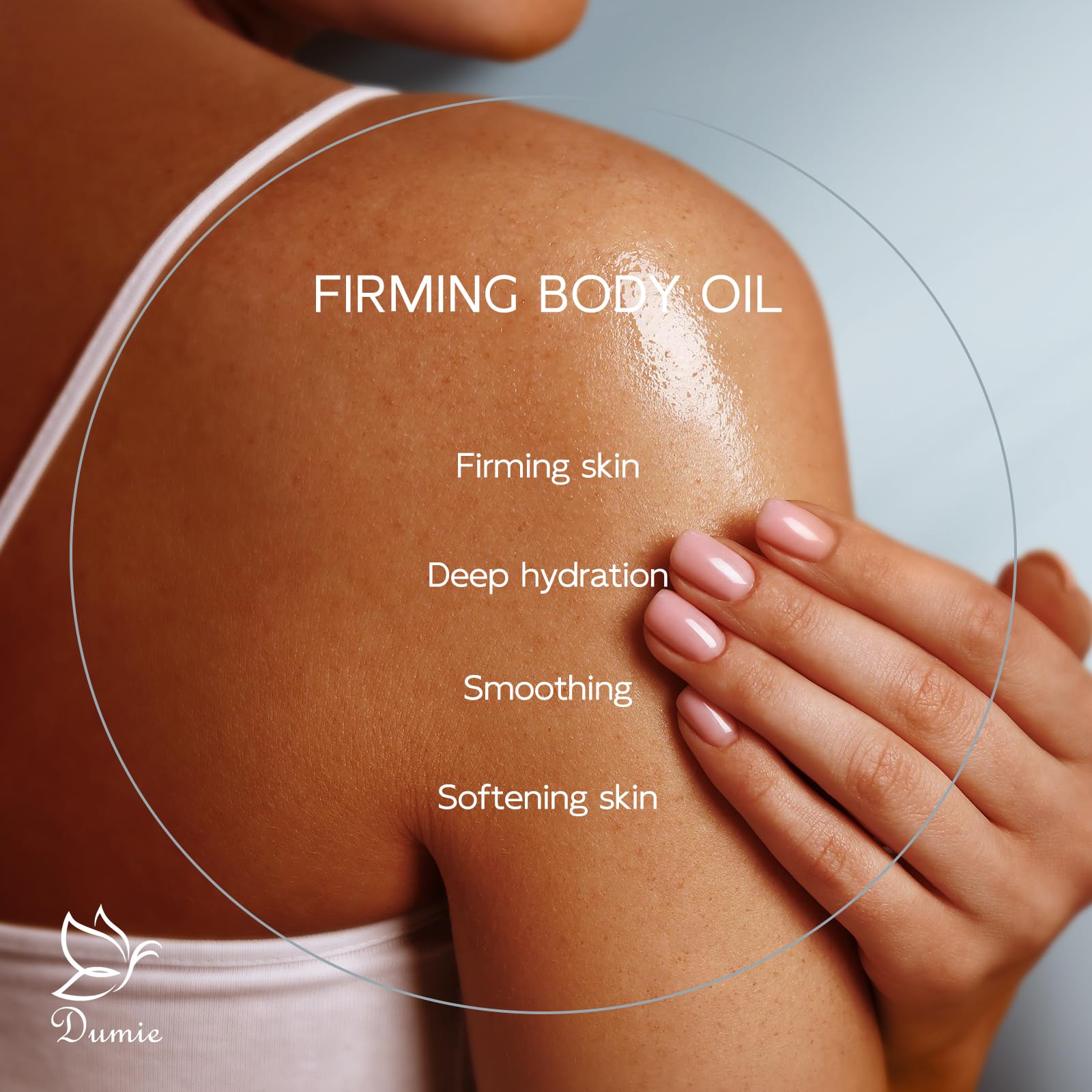 Dumie Body Firming Oil high jojoba blend nourishes dry areas with lightweight feel.