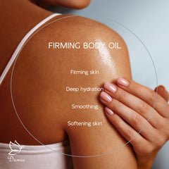 Dumie Body Firming Oil high jojoba blend nourishes dry areas with lightweight feel.