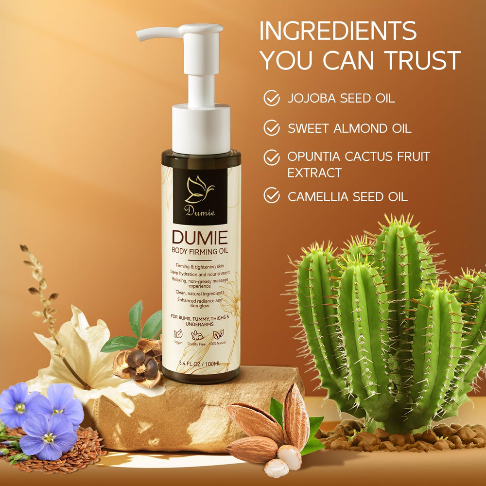 Dumie Body Firming Oil absorbs quickly, leaving skin silky without greasiness.