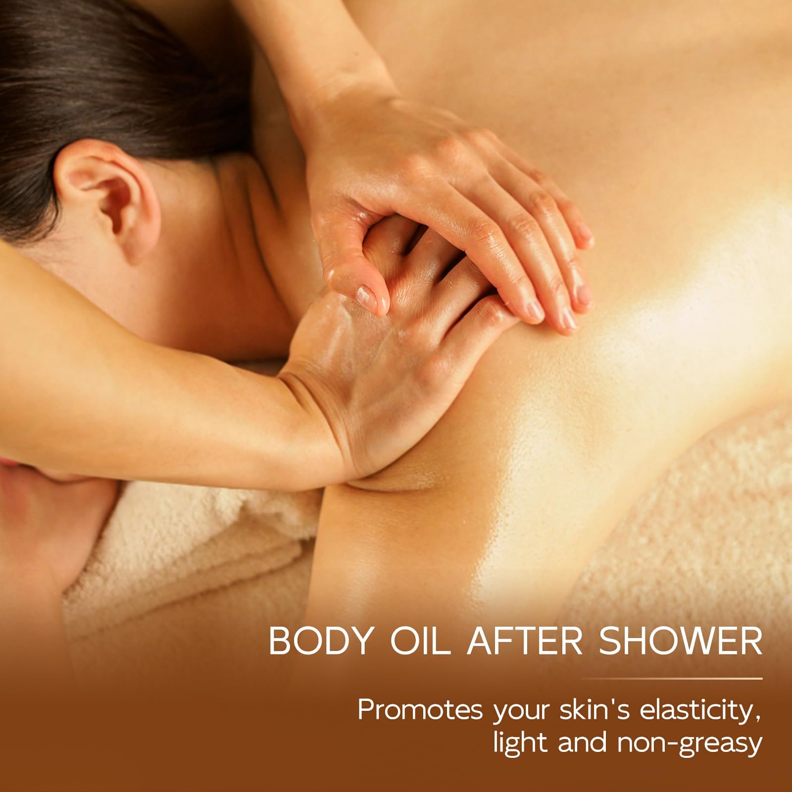 Dumie oil nourishes and hydrates arms, hips, and legs after showers.